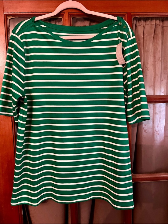 Lands' End Tops - Lands' End Green & White Striped Boatneck elbow sleeve button shoulder Tee